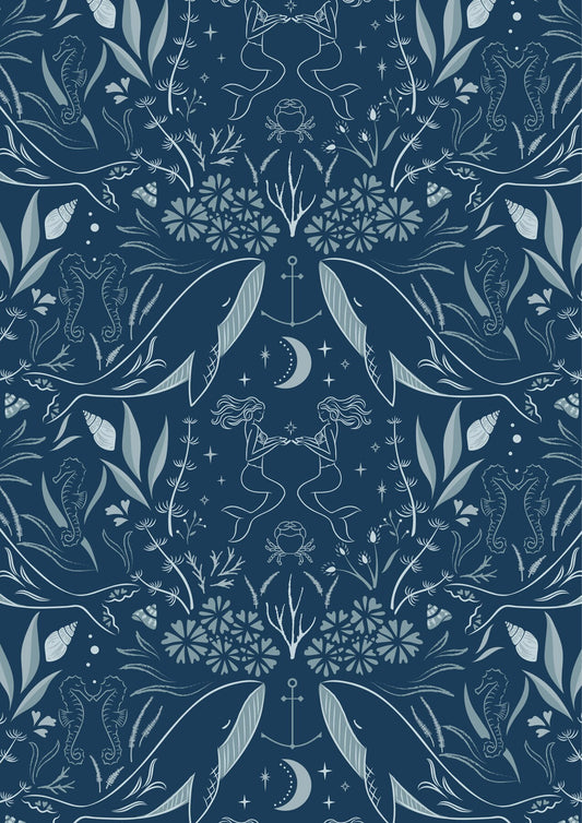 Enchanted Ocean, Midnight Blue, CC12.3, Lewis & Irene Fabric, Sounds of the Sea, Quilt Fabric, Cotton Fabric, Nautical, Fabric By the Yard