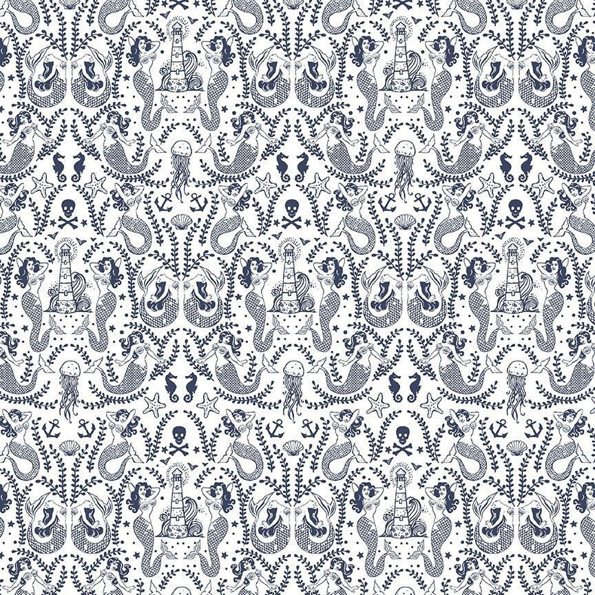 SEA NYMPHS, White D2326, Dear Stella, Quilt Fabric, Cotton Fabric, Quilting Fabric, Nautical Fabric, Mermaid Fabric, Fabric By The Yard