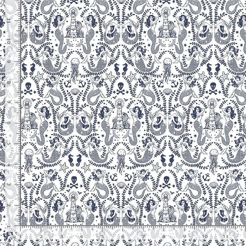 SEA NYMPHS, White D2326, Dear Stella, Quilt Fabric, Cotton Fabric, Quilting Fabric, Nautical Fabric, Mermaid Fabric, Fabric By The Yard