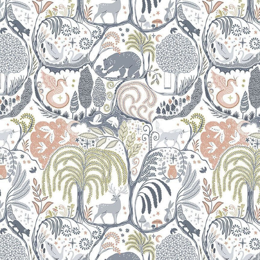 SECRET FOREST, Dear Stella, D2578-White, Quilt Fabric, Cotton Fabric, Quilting Fabric, Woodland Fabric, Nursery Decor, Fabric By The Yard