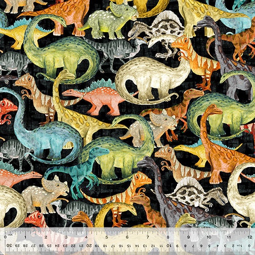 EVENING COMMUTE, Age of the Dinosaurs, Black, Windham Fabrics, Quilt Fabric, Cotton Fabric, Quilting, Dinosaur Fabric, Fabric By The Yard