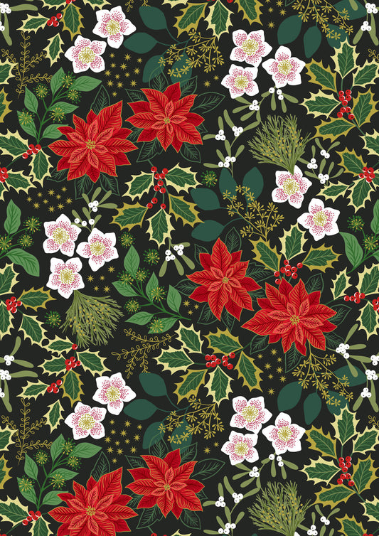 Lewis & Irene YULETIDE, Festive Floral Black with Gold C104-3, Quilt Fabric, Christmas Floral Fabric, Cotton Fabric, Fabric By The Yard