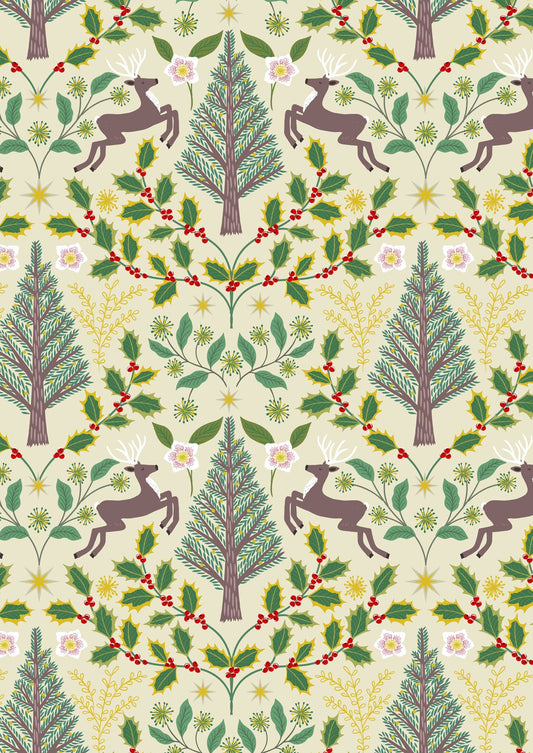 Lewis & Irene, YULETIDE on Cream with Gold Metallic C100.1, Quilt Fabric, Cotton Fabric, Christmas Fabric, Quilting, Fabric By The Yard