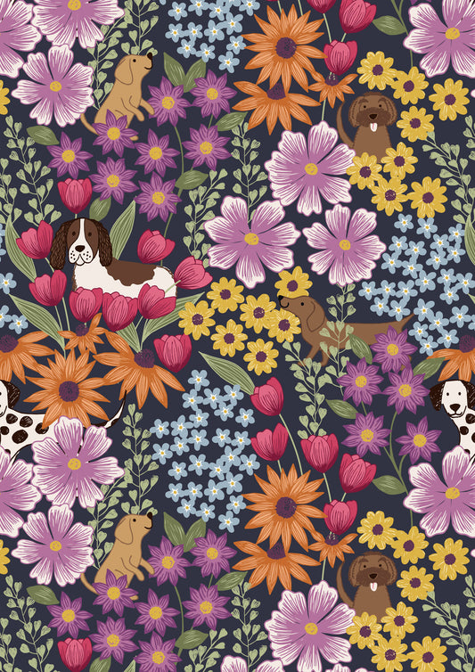 Dogs in Flowers on Dark Blue, A709.3, Lewis & Irene Fabric, Paws and Claws, Quilt Fabric, Cotton Fabric, Dog Fabric, Fabric By the Yard