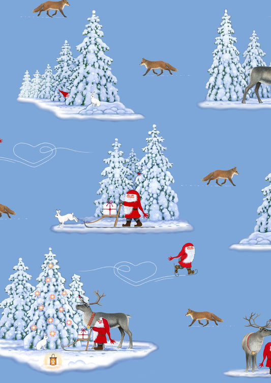 Lewis & Irene Fabric, Tomten's Christmas, FOXES on Light Blue CE37-2, Christmas Fabric, Quilt Fabric, Cotton Fabric, Fabric By The Yard