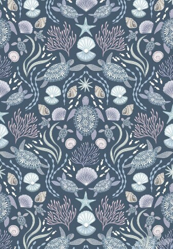 Sea Turtle Family-Dark Blue, OCEAN PEARLS-A826.3, Lewis & Irene Fabric, Cotton Quilting Fabric, Nautical, Beach Decor, Fabric By the Yard
