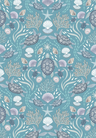 Sea Turtle Family-Blue, OCEAN PEARLS-A826.2, Lewis & Irene Fabric, Cotton Quilting Fabric, Nautical Fabric, Beach Decor, Fabric By the Yard