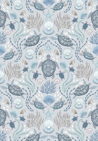 Sea Turtle Family-Light Mist, OCEAN PEARLS-A826.1, Lewis & Irene Fabric, Cotton Quilting Fabric, Nautical, Beach Decor, Fabric By the Yard