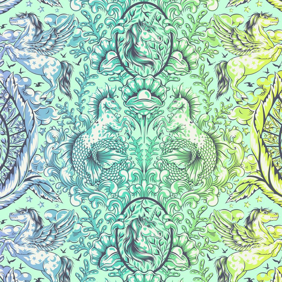 Fantastical creatures and elements, including horses, fish, and other marine life, all set against a teal background. 