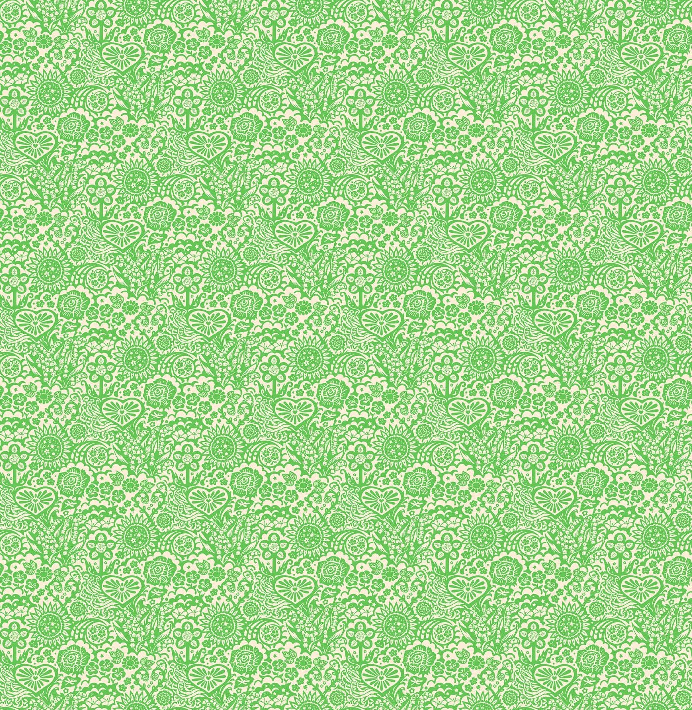 a repeating pattern of green floral and leaf-like shapes, creating a visually cohesive and harmonious design.