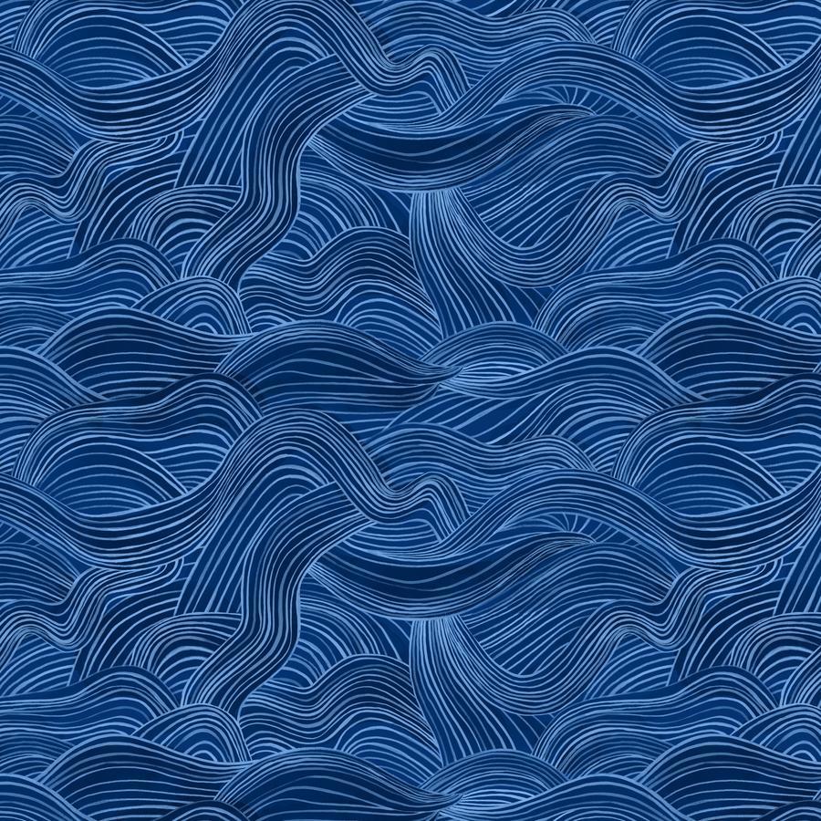a repeating pattern of wavy lines in shades of blue, creating a visually striking and abstract design.