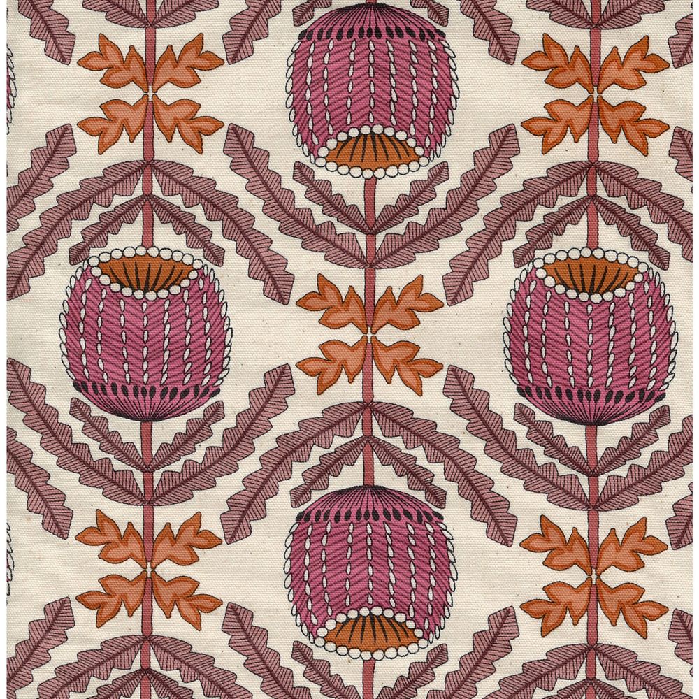 a repeating pattern of pink flowers with orange leaves on a white background.