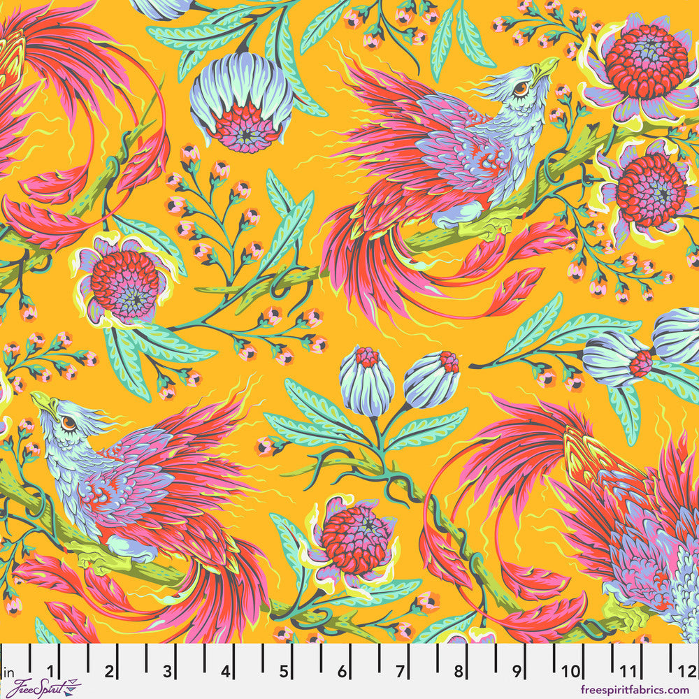 The image is a vibrant and colorful pattern featuring stylized birds, flowers, and leaves in shades of red, orange, and green against a bright yellow background.