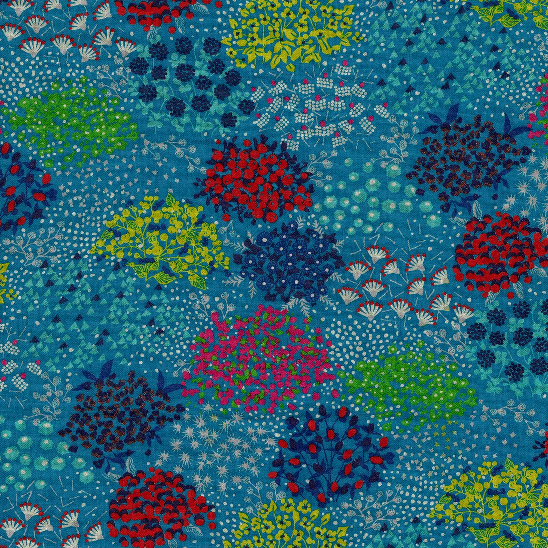 The image is a vibrant and colorful collage of various flowers and plants in different shades of blue, green, red, and yellow. The pattern is intricate and detailed, with each flower and plant contributing to the overall visual appeal of the design.