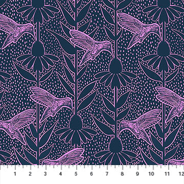 a repeating pattern of purple hummingbird silhouettes against a dark blue background, with some flowers and leaves interspersed throughout the pattern.