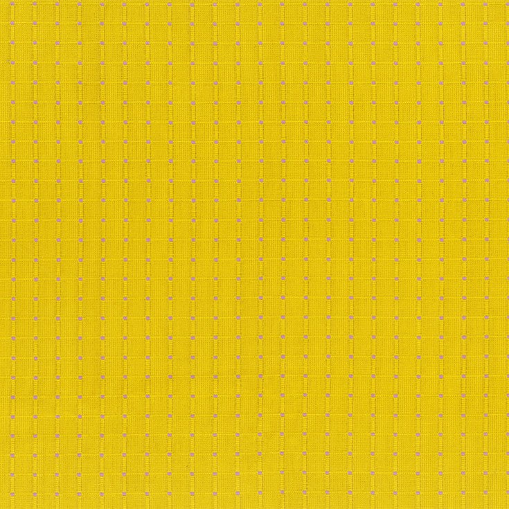 The image is a bright yellow fabric with a grid-like pattern of small white dots or lines, creating a textured and visually interesting surface.