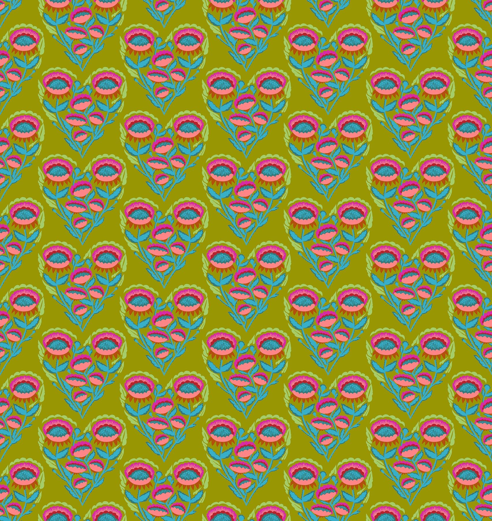 a repeating pattern of colorful flowers and leaves on a green background.