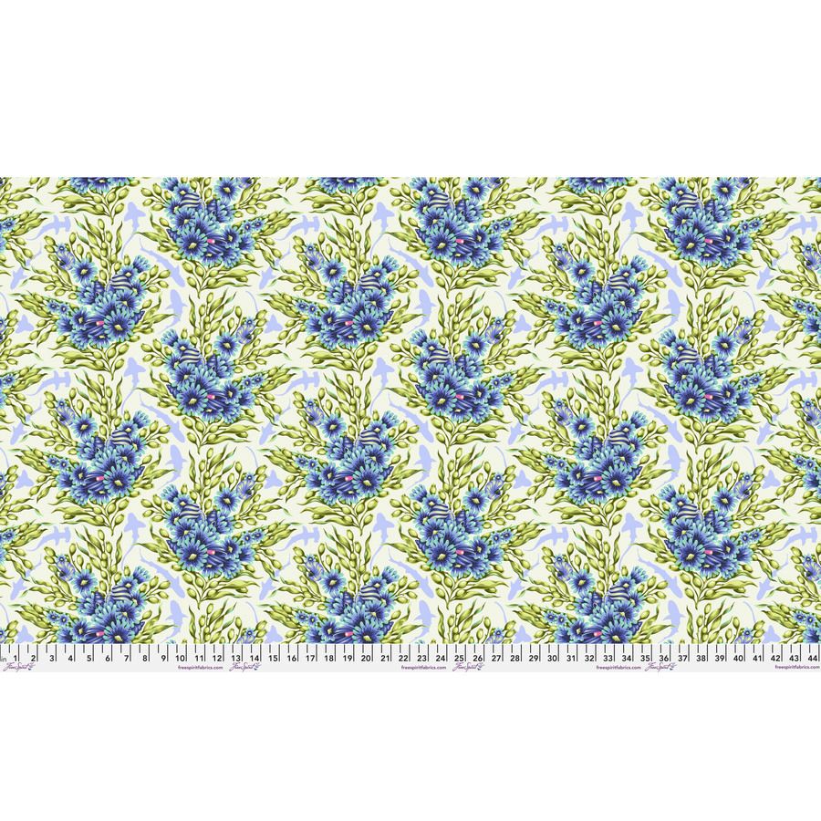 a repeating pattern of blue flowers on green leaves, creating a visually appealing and harmonious design.