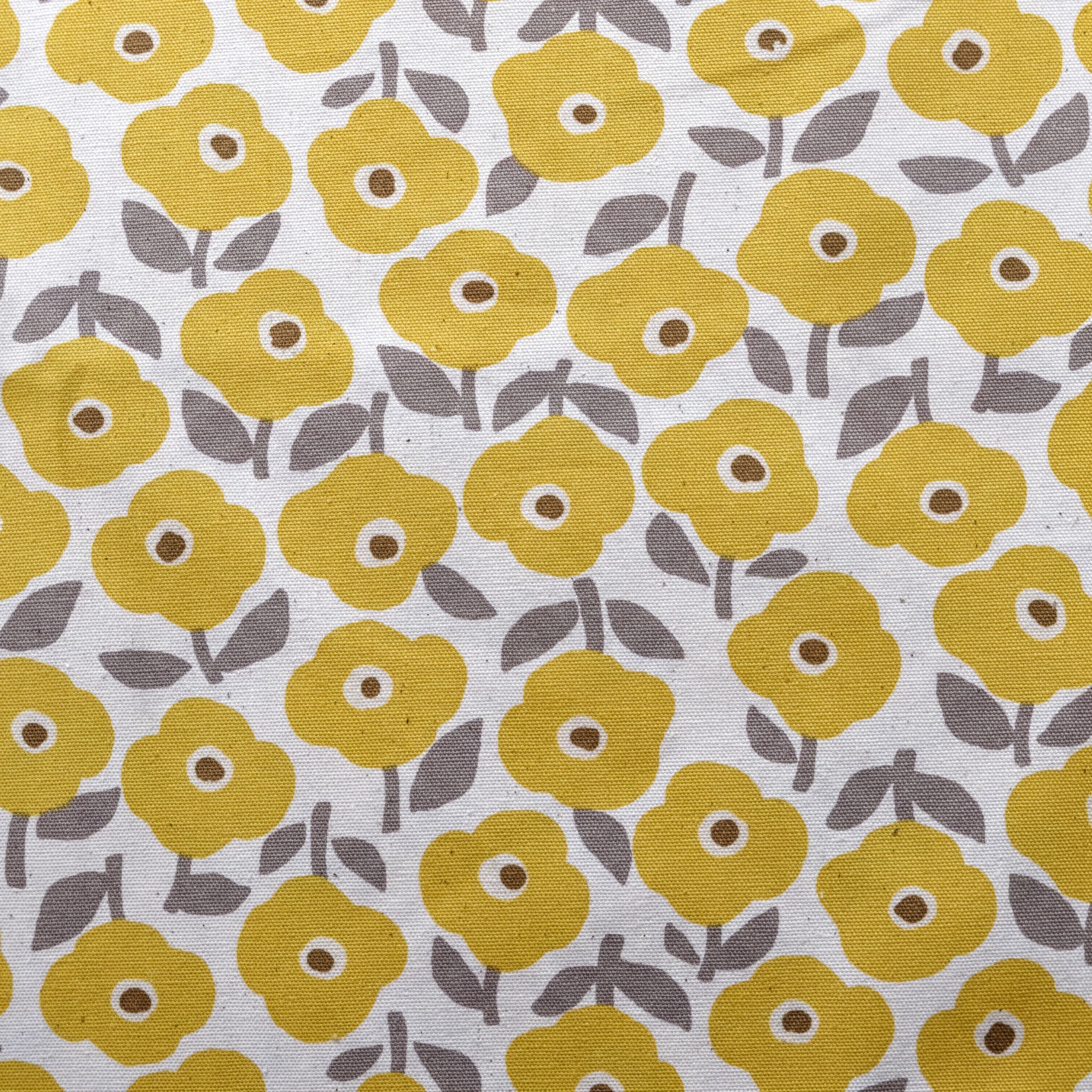 a repeating pattern of yellow flowers with gray leaves on a white background.