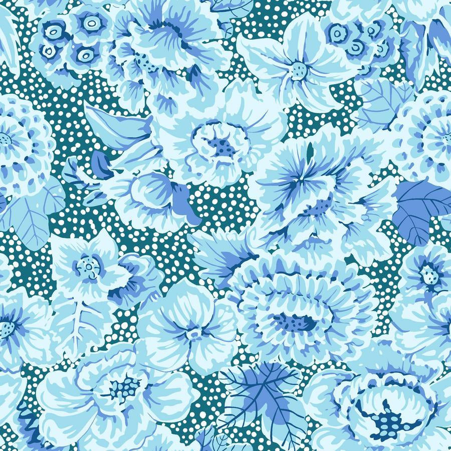 The image is a repeating pattern of various blue flowers with white polka dots against a dark blue background.