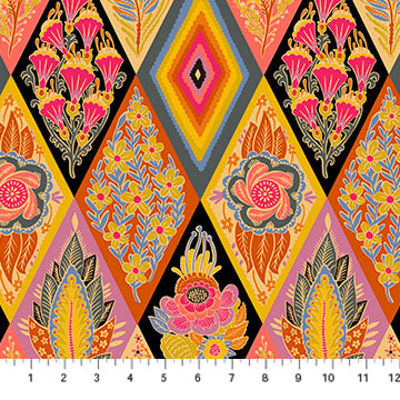 The image is a vibrant and colorful collage featuring a variety of floral and geometric patterns in shades of pink, orange, yellow, and black. The patterns include flowers, leaves, and geometric shapes, creating a visually striking and intricate design.
