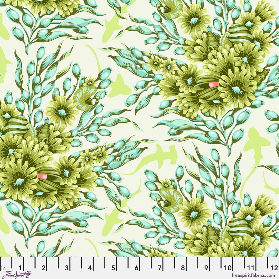 The image is a vibrant and colorful floral pattern featuring various shades of green and yellow flowers and leaves. The pattern is composed of multiple images, creating a visually striking and dynamic design.