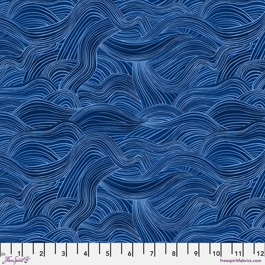 a repeating pattern of blue and white wavy lines, creating a visually striking and abstract design.