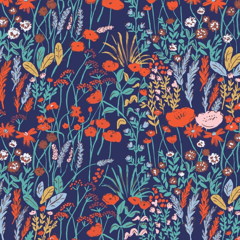 The image is a vibrant and colorful floral pattern featuring various types of flowers and plants in shades of red, orange, yellow, and green against a dark blue background.