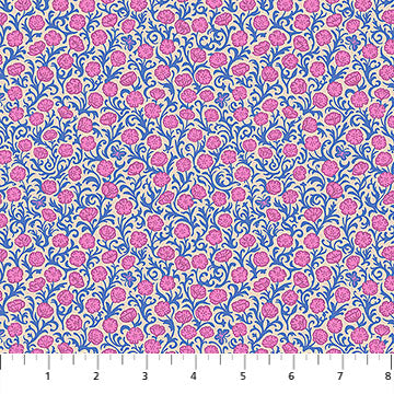 a repeating pattern of pink flowers on a blue background.