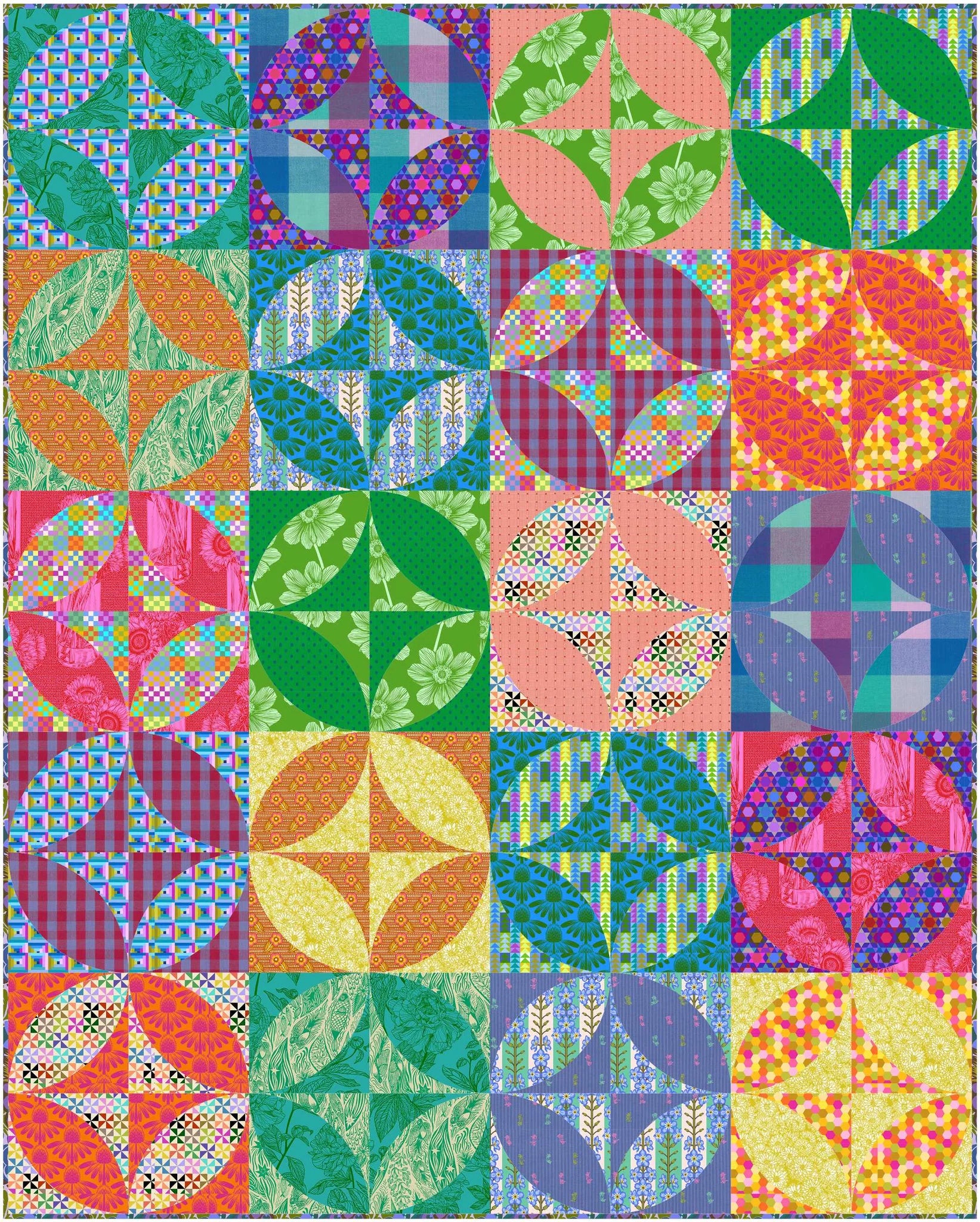 The image is a vibrant and colorful collage of various geometric patterns and shapes, including circles, triangles, and squares, arranged in a grid-like pattern. The patterns feature a range of colors such as green, orange, pink, blue, and yellow, creating a visually striking and dynamic composition.