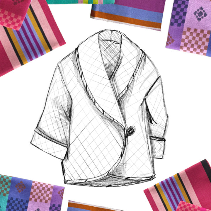 A sketch of a white jacket with a button, surrounded by colorful fabric swatches.