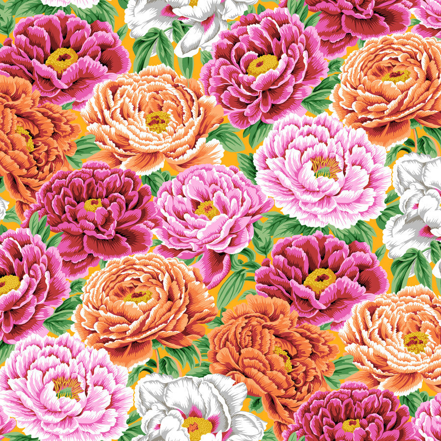 The image is a vibrant and colorful floral pattern featuring a variety of large, blooming flowers in shades of pink, orange, white, and purple against a bright yellow background.