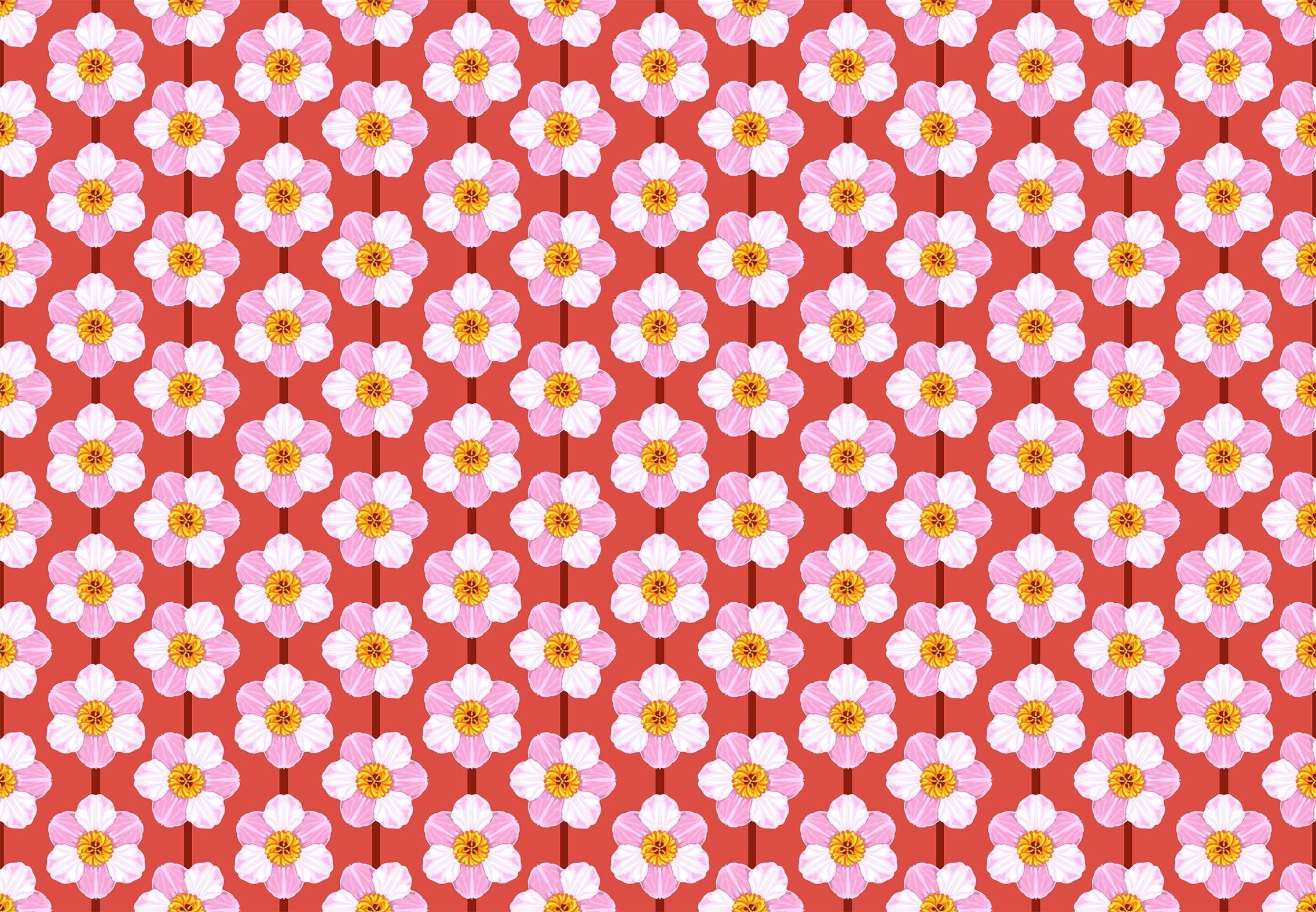a red background with white and pink flowers