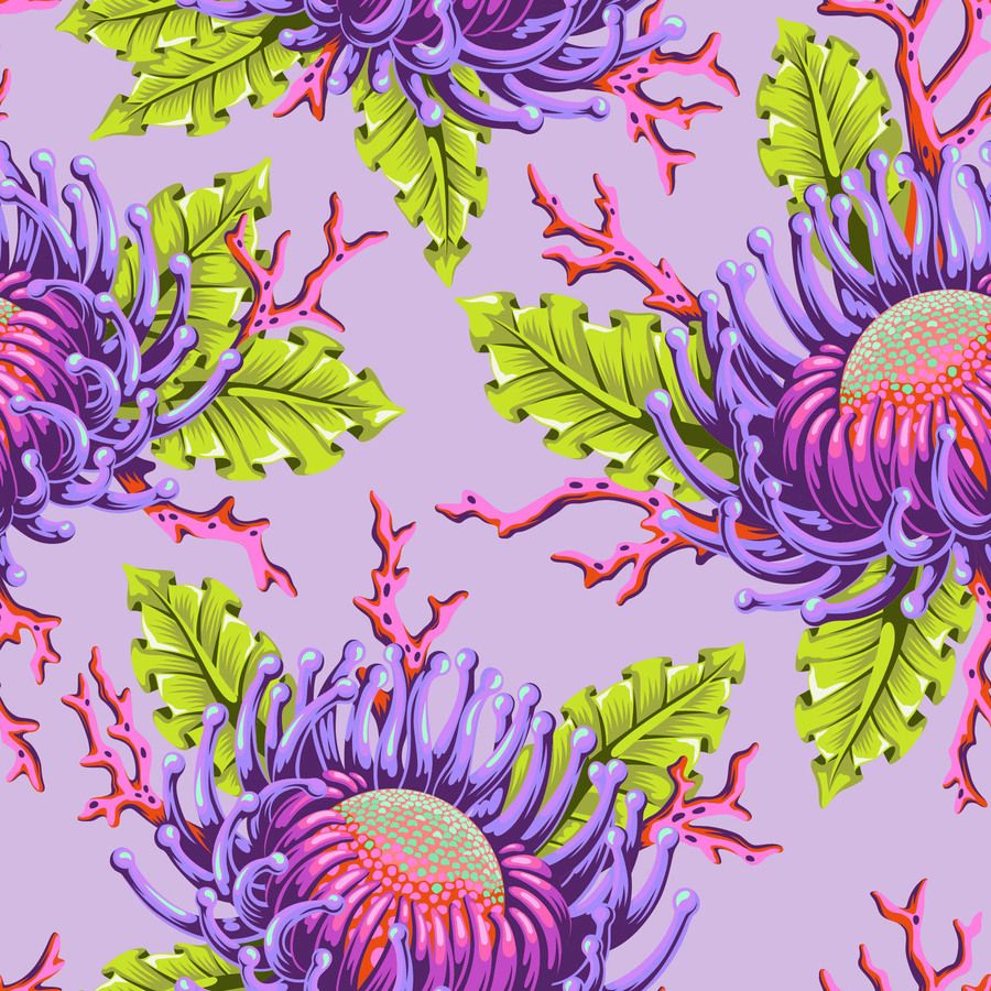 a repeating pattern of vibrant purple chrysanthemum flowers with green leaves and red coral-like structures against a purple background.