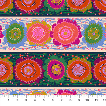 The image is a vibrant and colorful pattern featuring a repeating design of large, stylized flowers in shades of pink, orange, and green. The flowers are arranged in a horizontal row, creating a visually striking and eye-catching pattern.