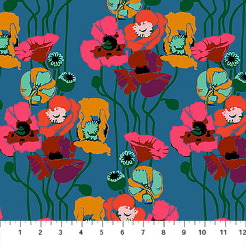 The image is a vibrant and colorful pattern featuring a variety of flowers, including poppies, against a blue background.