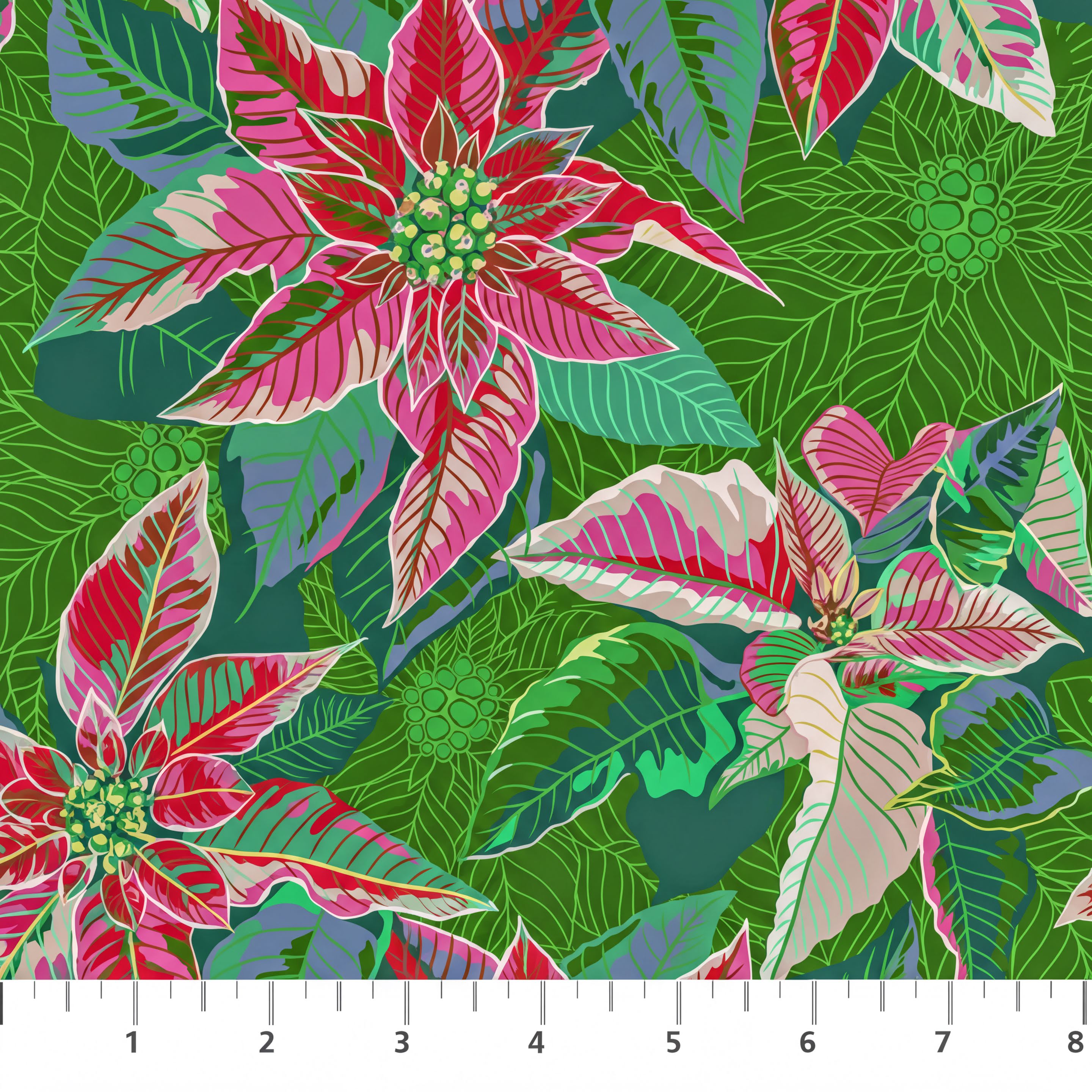 a vibrant and colorful pattern of poinsettia flowers and leaves in shades of green, pink, and red.