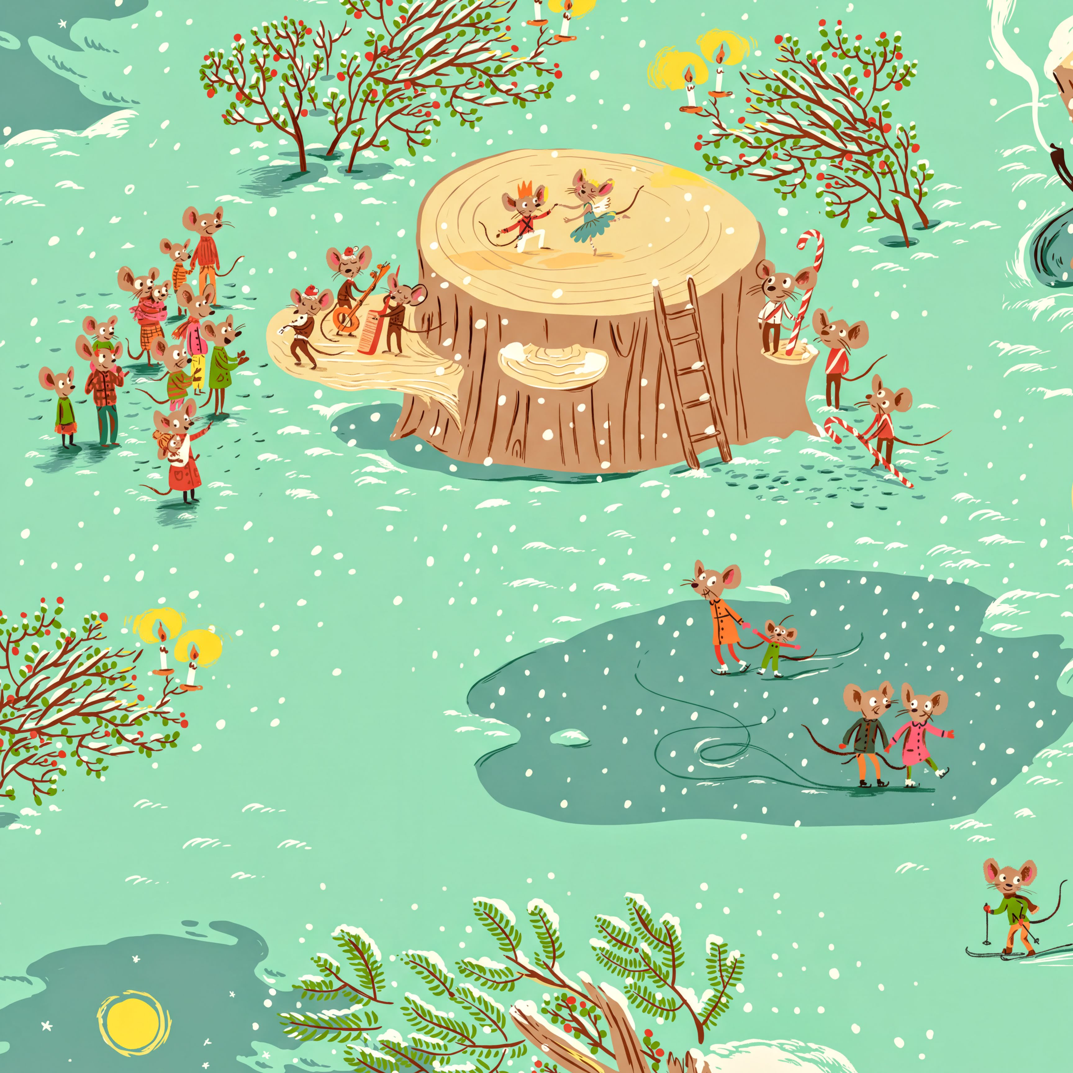 A whimsical scene featuring a group of mice gathered around a large tree stump, with some of the mice playing in the snow and others exploring the tree stump.