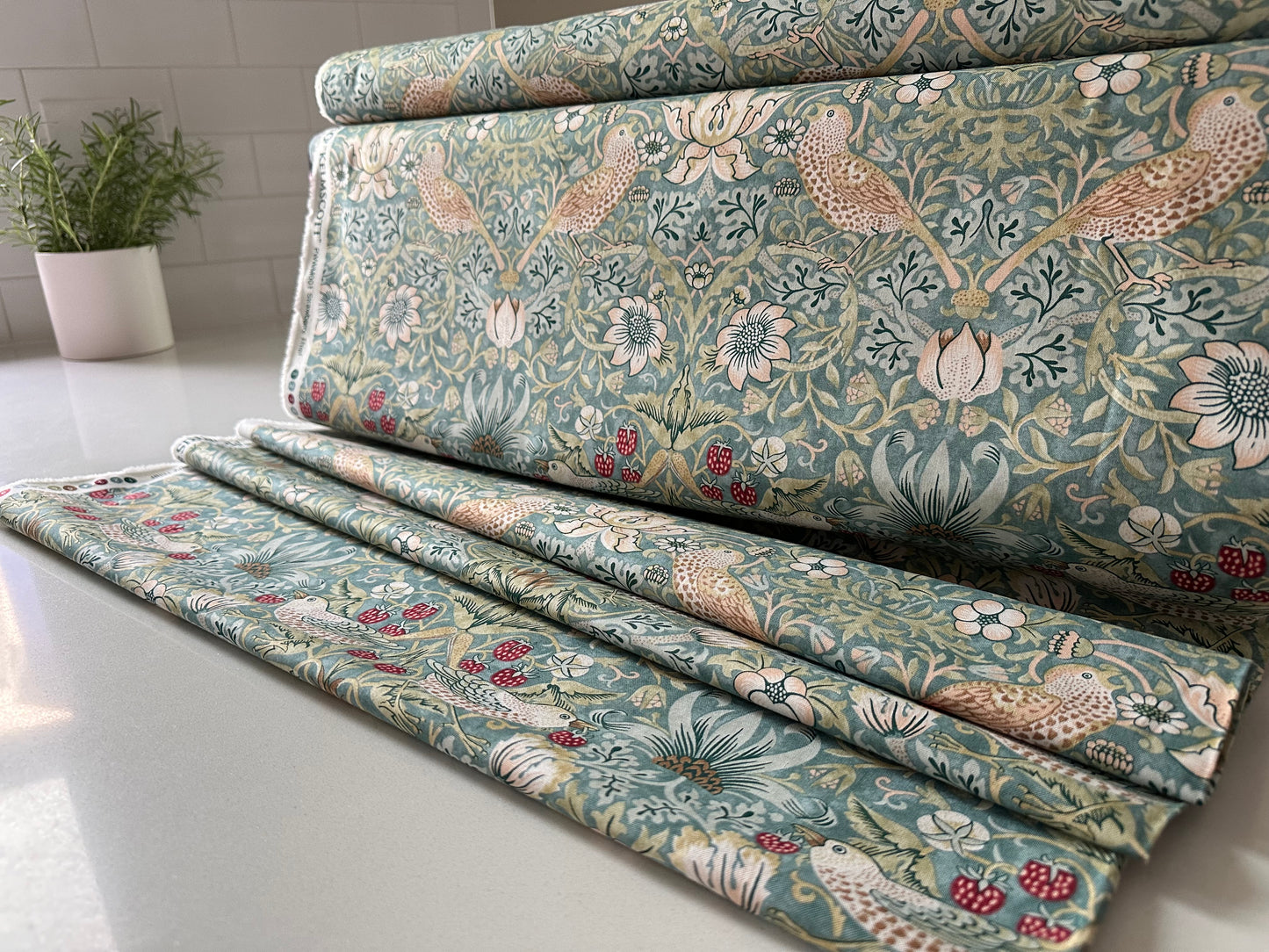 William Morris Kelmscott Strawberry Thief Aqua Fabric – PWWM001