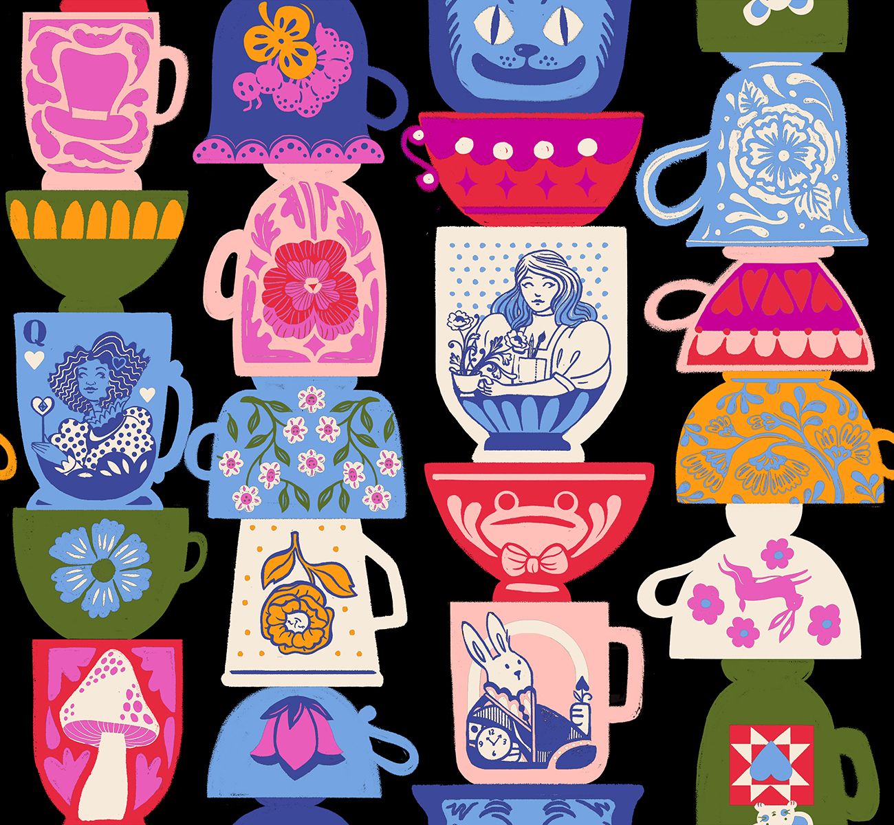 The image is a collage of various colorful and whimsical mugs and teacups, each with unique designs and patterns.