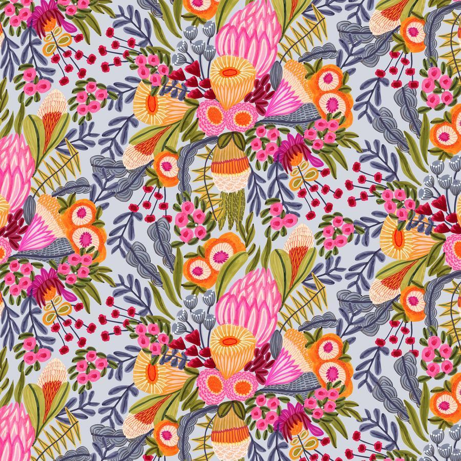 The image is a vibrant and colorful pattern featuring a variety of flowers, leaves, and other natural elements in shades of pink, orange, green, and purple. The pattern is repetitive and creates a visually striking and dynamic design.
