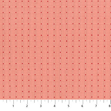 The image is a close-up of a fabric with a repeating pattern of red dots on a peach-colored background.