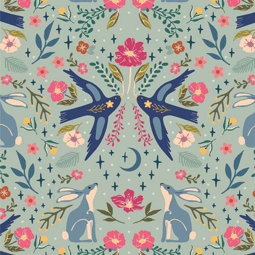 The image is a repeating pattern featuring stylized illustrations of rabbits, flowers, leaves, and birds against a light green background.