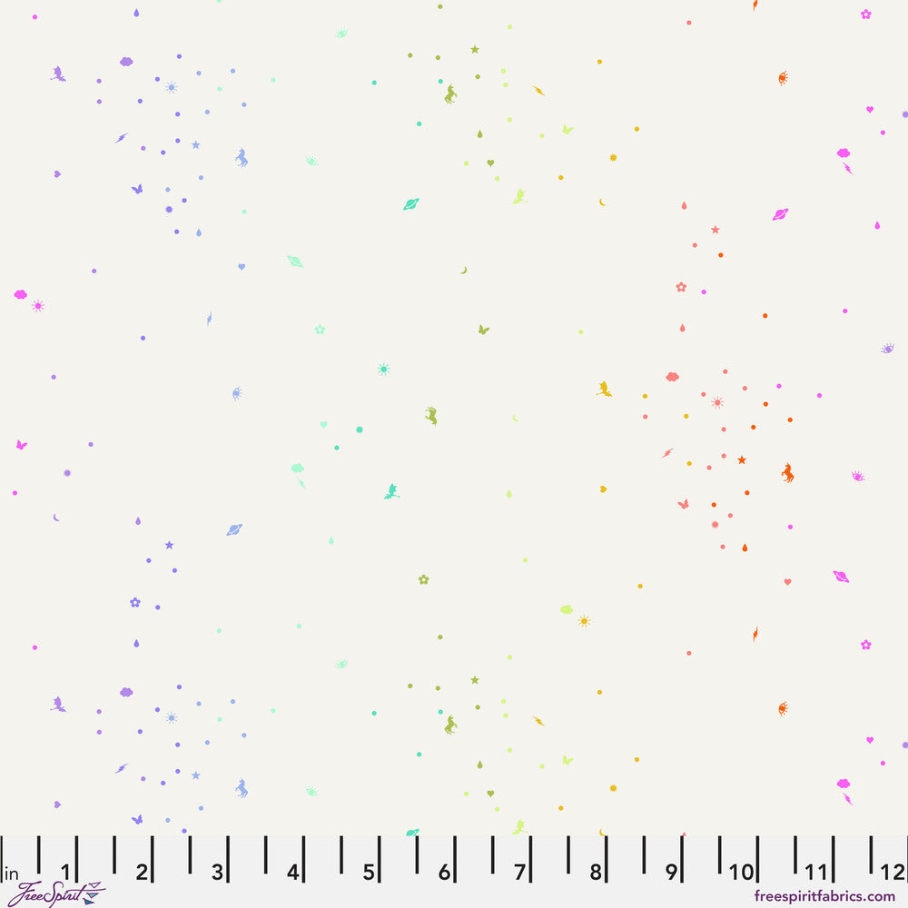 The image is a collage of various small, colorful dots or shapes scattered across a plain white background.