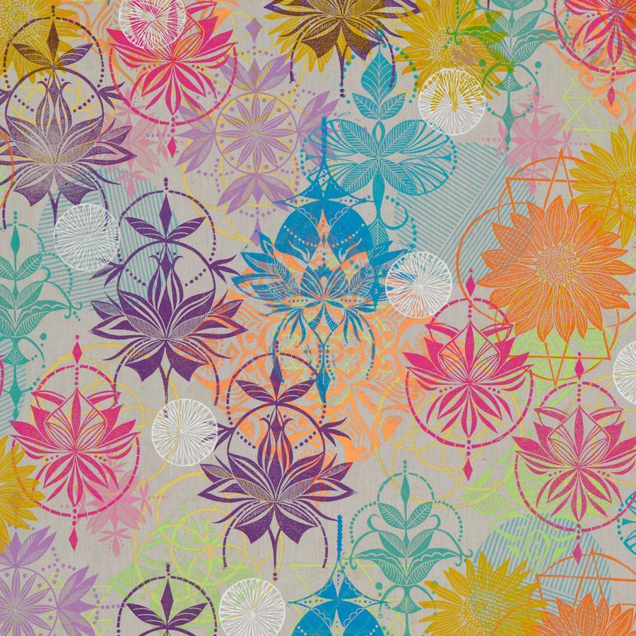 The image is a vibrant and intricate collage featuring a variety of colorful flowers and geometric patterns in shades of pink, orange, yellow, blue, and purple.