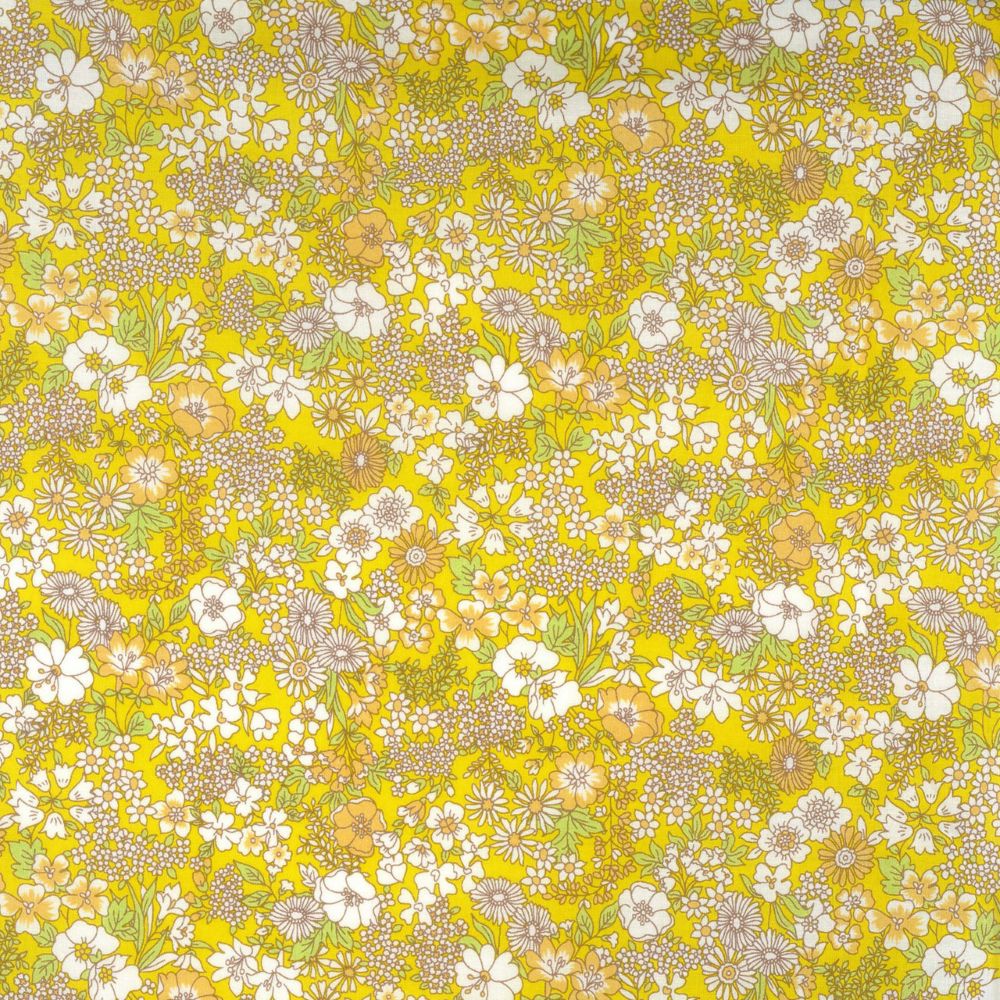 The image is a vibrant and colorful collage of various flowers and plants in shades of yellow, white, and brown. The pattern is intricate and detailed, with each flower and plant contributing to the overall visual appeal of the design.