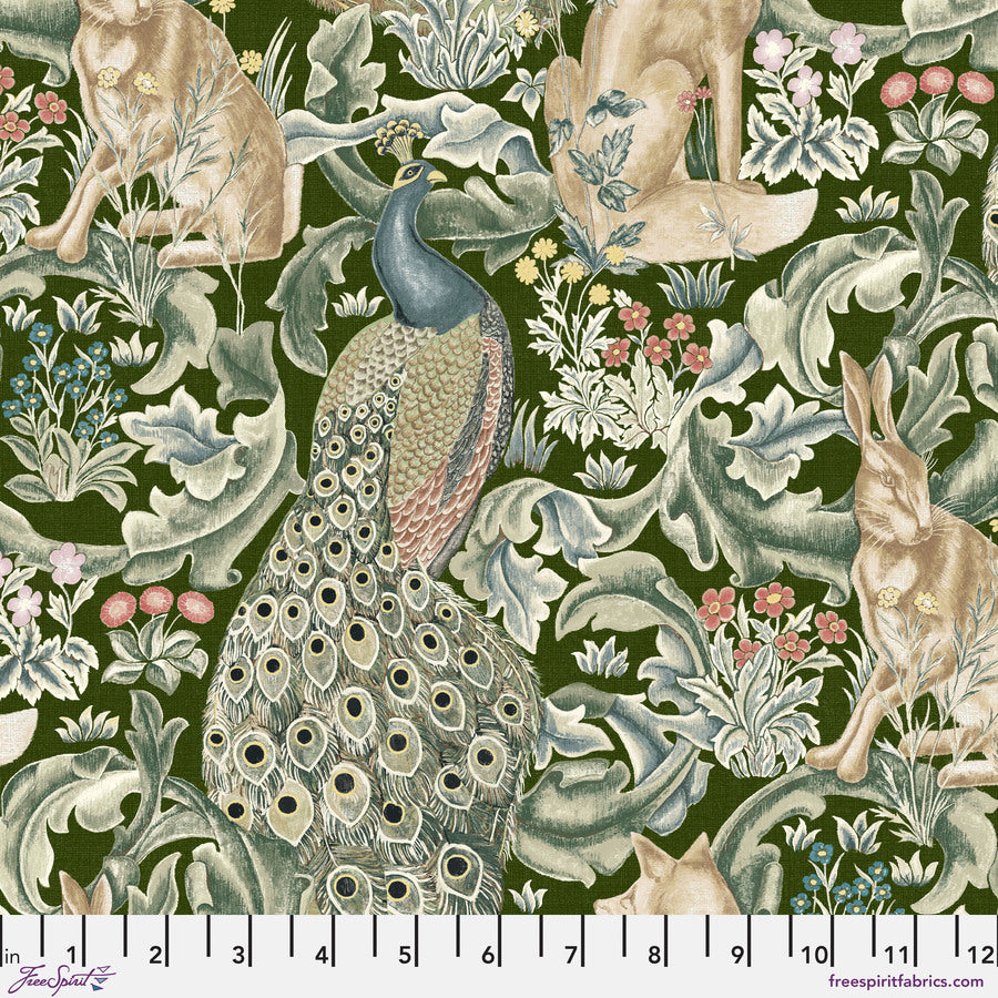 The image is a detailed illustration of a peacock, featuring its vibrant feathers and intricate patterns, surrounded by various animals and plants.