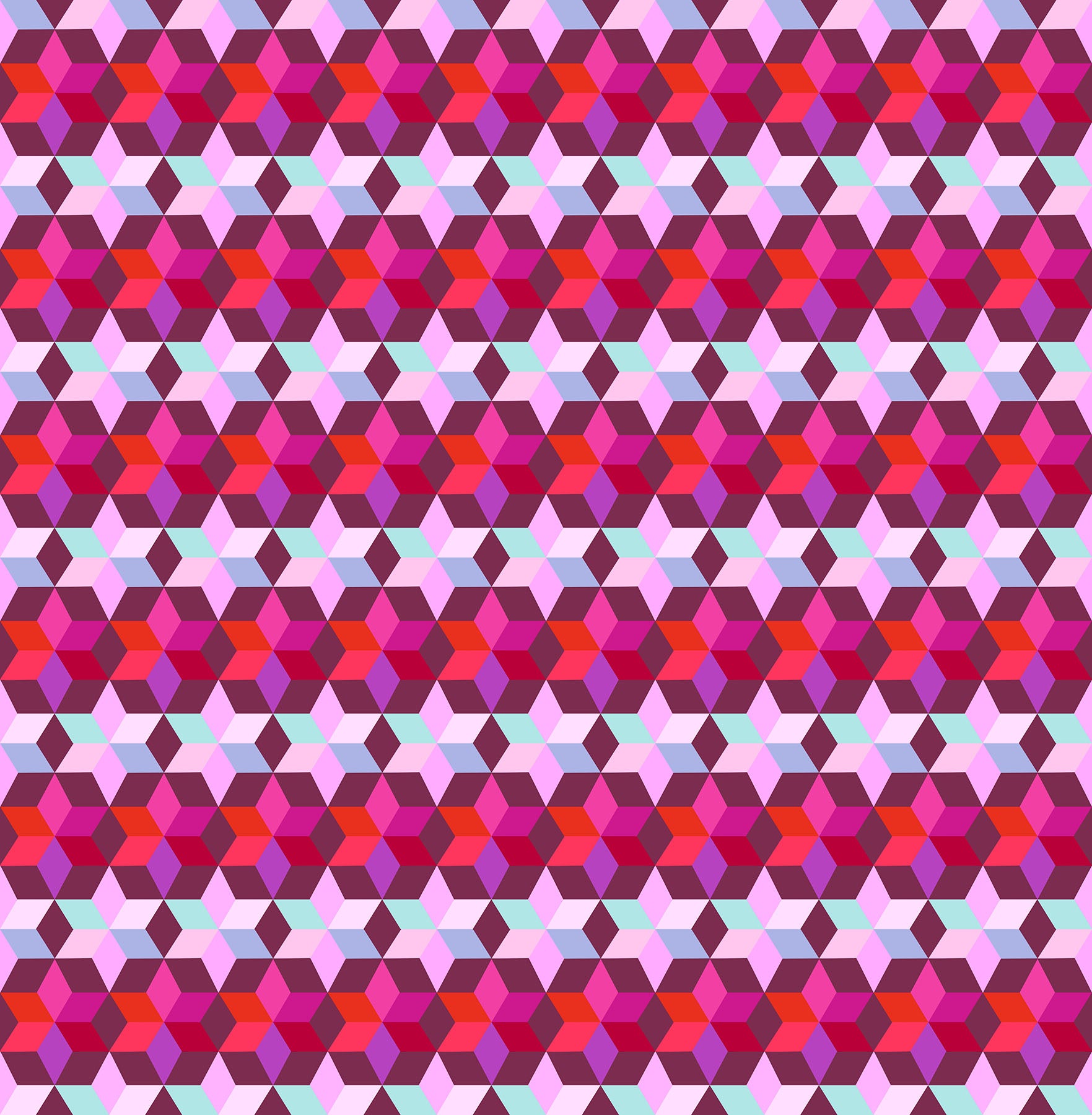 The image is a repeating pattern of red, pink, and blue hexagonal shapes arranged in a grid-like fashion.