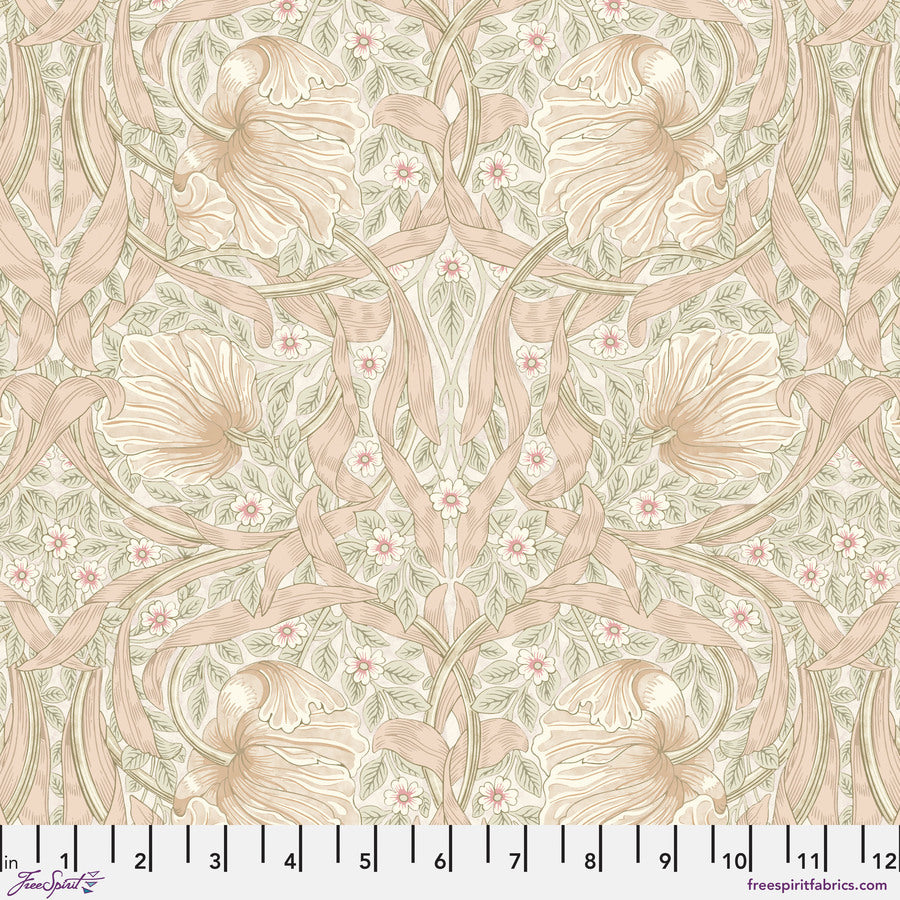 The image is a repeating pattern of pink and green floral designs with leaves and flowers.
