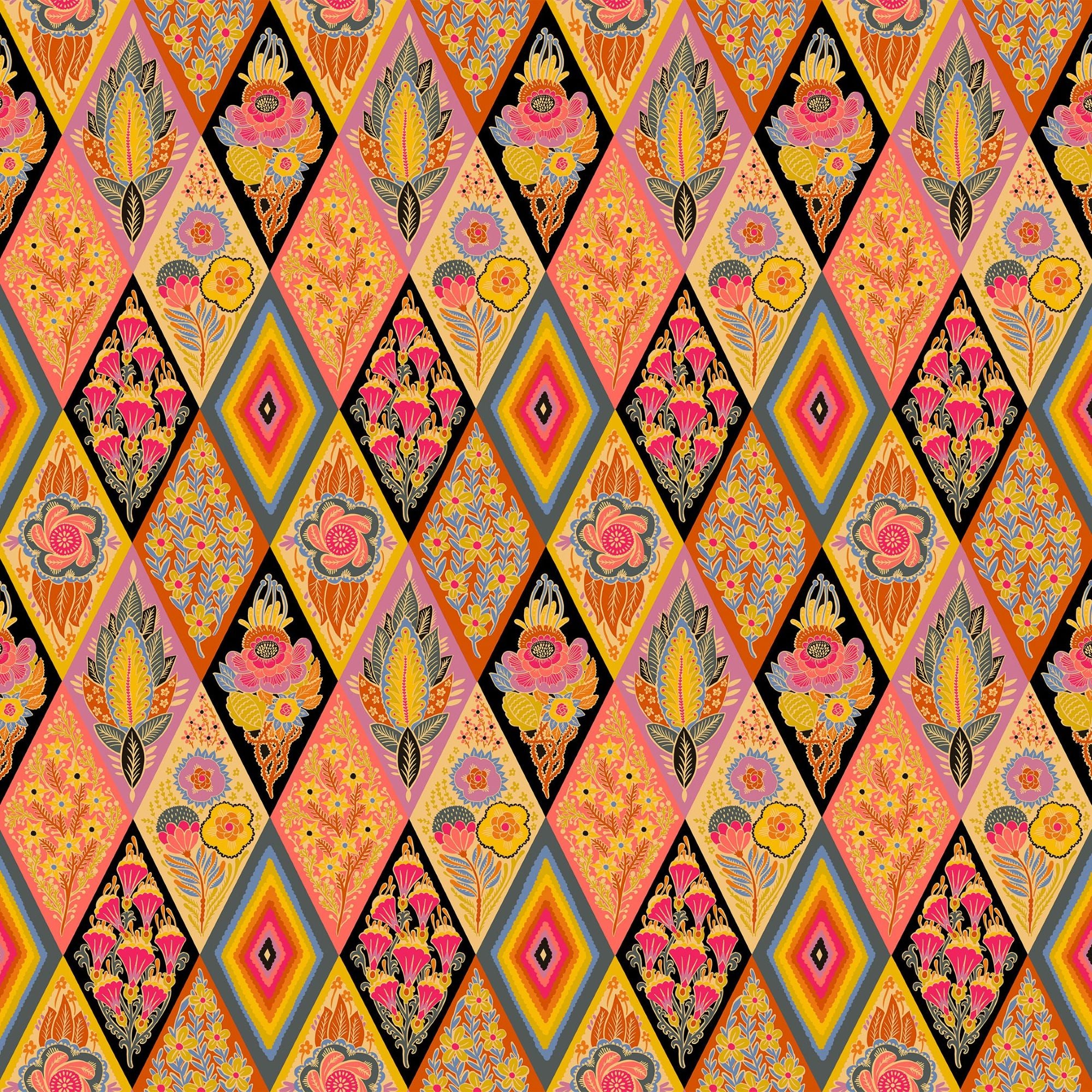 The image is a vibrant and intricate pattern composed of numerous diamond-shaped elements, each adorned with a variety of colorful flowers and leaves in shades of pink, orange, yellow, and green. The pattern repeats itself across the entire image, creating a visually striking and harmonious design.